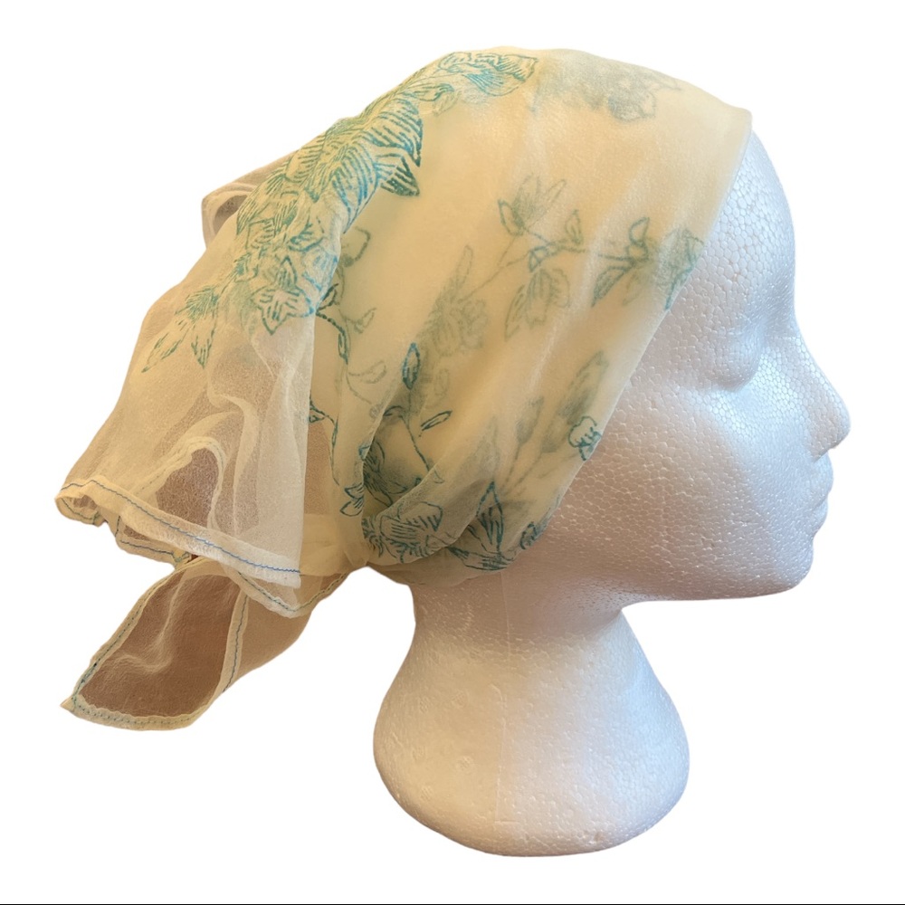 Vintage Sheer Ivory Turquoise Flower Scarf